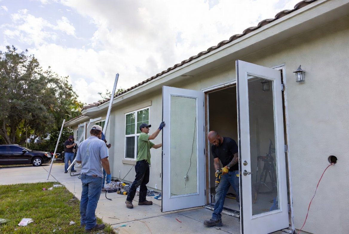 Florida Impact Windows and Doors professional installation team installing hurricane rated impact doors in Fort Lauderdale home